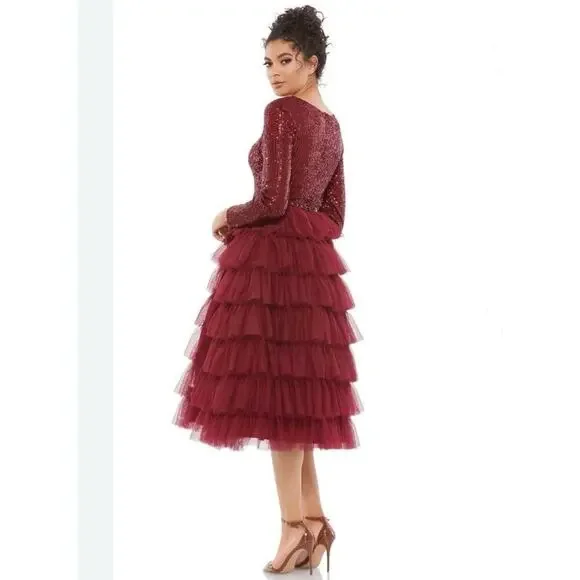Mac Duggal 26299 Long Sleeve Ruffle Tiered Midi Dress Wine Red size 4